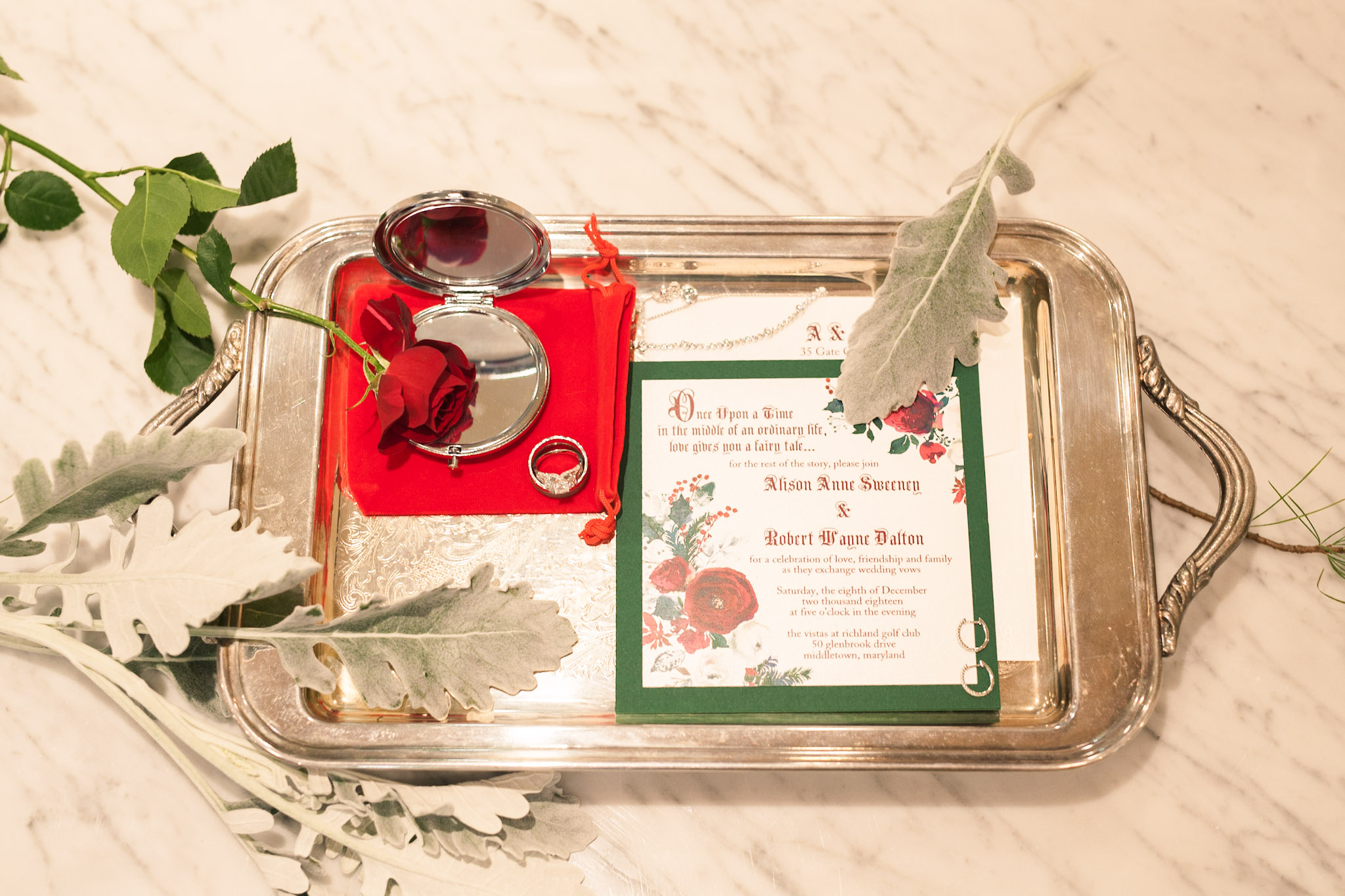 winter fairytale wedding invitation rose mirror tray
