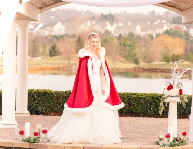 winter fairy tale wedding bride red cape full-length