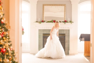 winter wedding bride in front of mantle