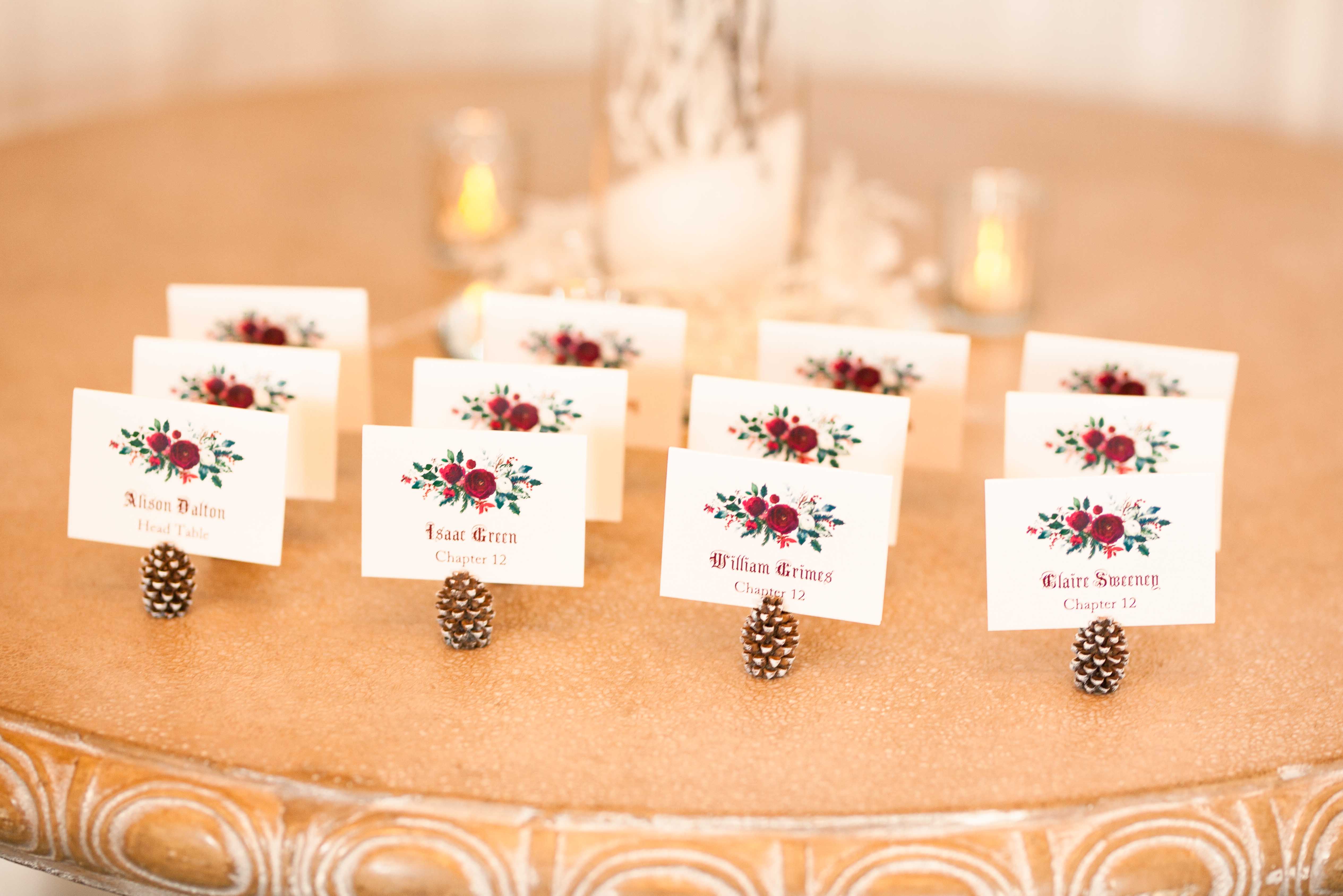 Winter theme wedding pinecone name holders
